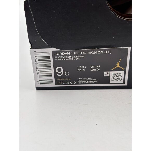 Air Jordan 1 Retro High OG TD Black/Medium Grey-White 9C With Box - Picture 2 of 10